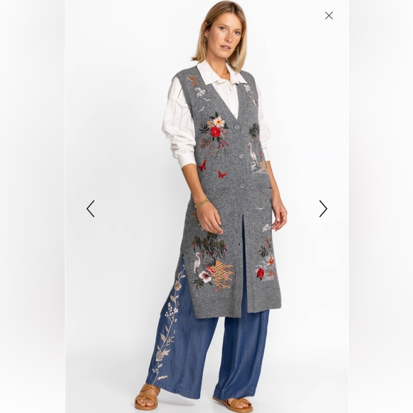 Johnny Was Heron Embroidered Wool Cashmere Midi Vest Gray Designer Size XS - Picture 2 of 16
